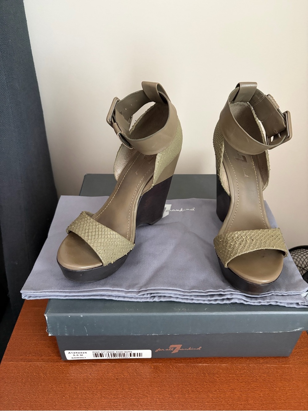7 For All Mankind Olive Green Wedge Ankle-Strap Sandals